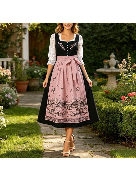 Women's Dirndl Dress, Bavarian Style with Lace Sleeves and Embroidered Bodice, Adjustable Waist Tie and Scenic Print, Oktoberfest Costume for Festive Events, Multicolor A-Line Midi