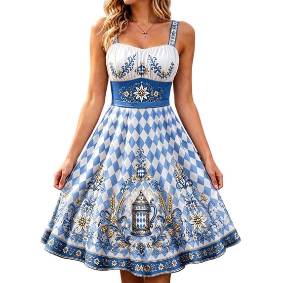 HBYJLZYG Women's Dirndl Dress, Oktoberfest Bavarian Blue Gingham Sleeveless Midi A-Line Dress with Beer Mug Embroidery and Apron, Traditional German Festival Costume for Carnival Party