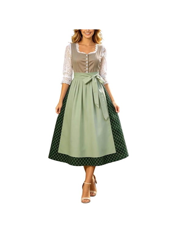 Women's Dirndl Dress, Oktoberfest Bavarian Floral Embroidered Midi A-Line Dress with Lace Sleeves and Apron, Traditional German Festival Costume for Carnival Party
