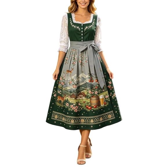 HBYJLZYG Women's Dirndl Dress, Oktoberfest Bavarian Floral Print Sleeveless Midi A-Line Dress with Apron and Waist Tie, Traditional German Festival Costume for Carnival Party