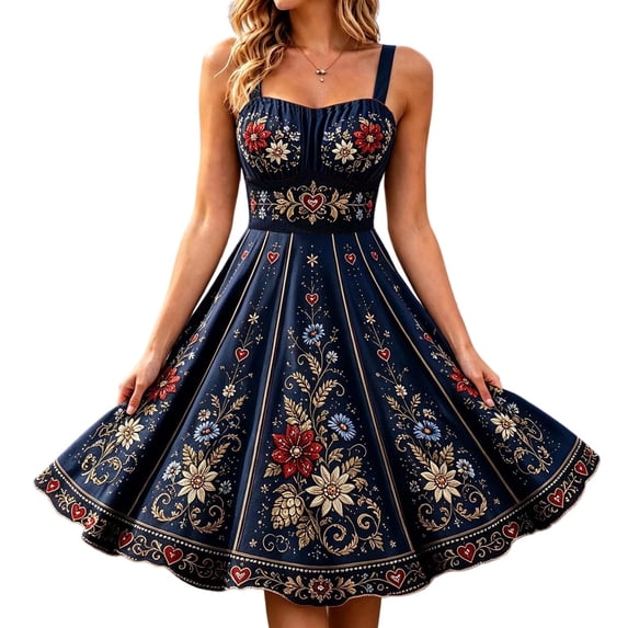HBYJLZYG Women's Dirndl Dress, Sleeveless Square Neck Midi A-Line Dress with Bavarian Floral Embroidery and Apron, Traditional German Oktoberfest Costume for Carnival Party