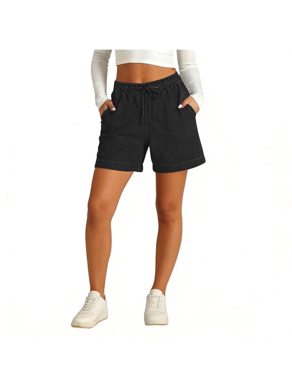 Women's Drawstring Denim Shorts with Pockets, Pull On Stretch Casual Summer Bottoms, Comfortable Lounge Wear for Vacation Travel, Relaxed Fit Everyday Bottoms