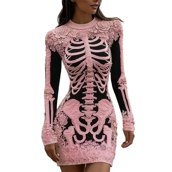 HBYJLZYG Women's Dress, Crew Neck Long Sleeve Skeleton Print with Rose Embroidery, Bodycon Fit for Halloween