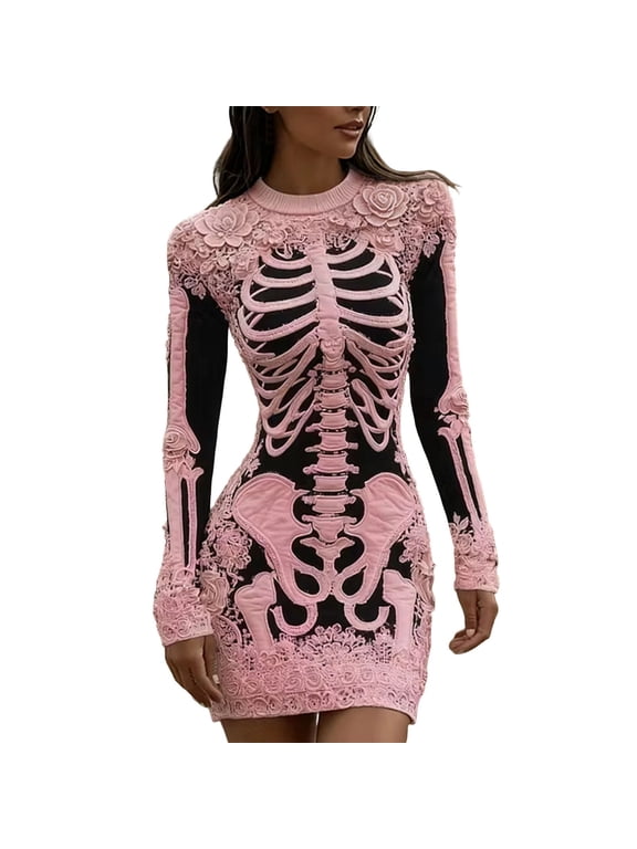 Women's Dress, Crew Neck Long Sleeve Skeleton Print with Rose Embroidery, Bodycon Fit for Halloween