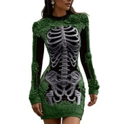HBYJLZYG Women's Dress, Crew Neck Long Sleeve Skeleton Print with Rose Embroidery, Bodycon Fit for Halloween