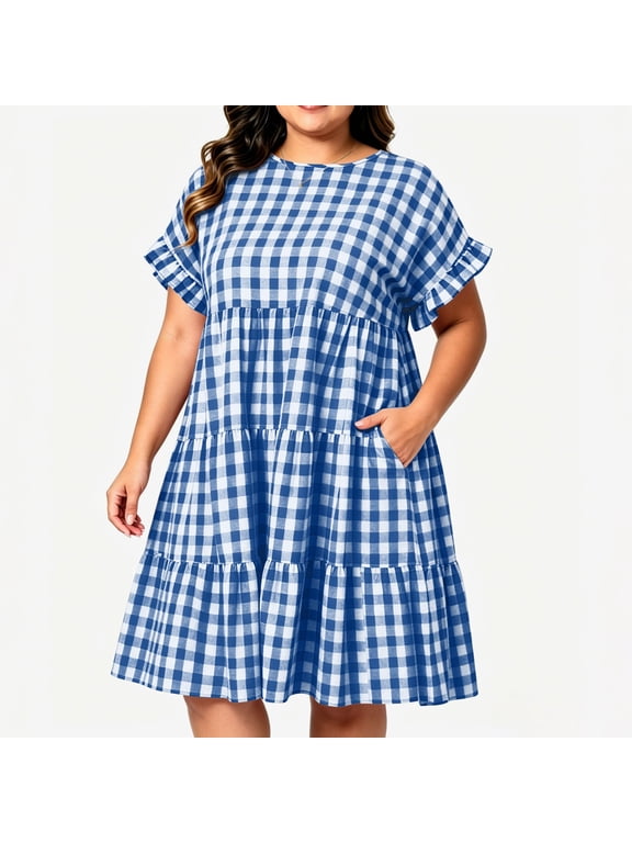 Women's Dress Gingham Check Tiered Smock Hem Round Neck Short Sleeve Relaxed Loose Fit Summer Casual Sundress