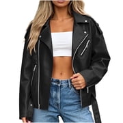 HBYJLZYG Women's Faux Leather Moto Jacket, Zip Up Cropped Biker Coat with Lapel Collar and Pockets, Shiny Short Outerwear for Fall Winter Daily Wear