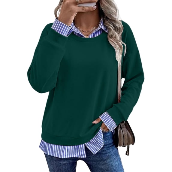 HBYJLZYG Women's Faux Two-Piece Long-Sleeve Sweatshirt with Striped Collar and Cuffs, Layered Shirt Hem Detail for Fall Winter Office Commute and Casual Daily Wear