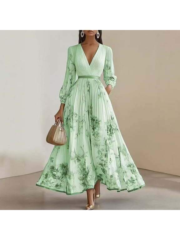 Women's Floral Maxi Dress, V-Neck Pleated Waist Long Sleeve with Tie Belt, Elegant Flowy A-Line Formal Party Vacation Wear for Women