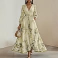 thumbnail image 1 of HBYJLZYG Women's Floral Maxi Dress, V-Neck Pleated Waist Long Sleeve with Tie Belt, Elegant Flowy A-Line Formal Party Vacation Wear for Women, 1 of 5