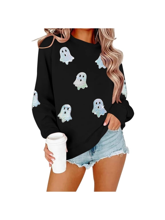 Women's Halloween Sweatshirt, Sequin Ghost Graphic Crewneck Pullover with Long Sleeve and Loose Fit, Cute Spooky Season Top for Fall Winter Daily Wear