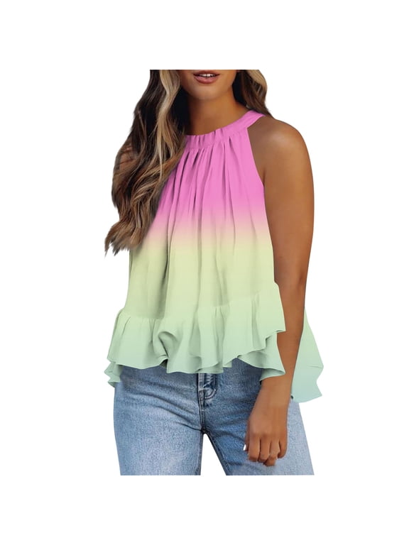 Women's Halter Neck Sleeveless Blouse, with Gathered Pleats and Flounce Ruffle Hem, Ombre Gradient Color Casual Top for Summer Vacation and Daily Wear