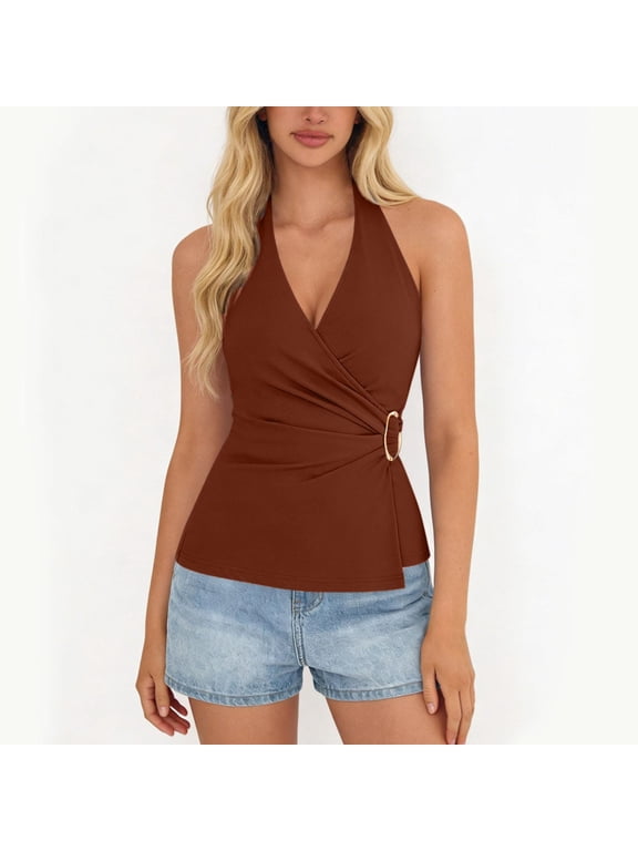 Women's Halter Tank Tops, Flattering Wrap Front Design with Metallic Ring Detail, Sleeveless V-Neck Stretch Fabric Top, Casual Summer Party Vacation Shirt.