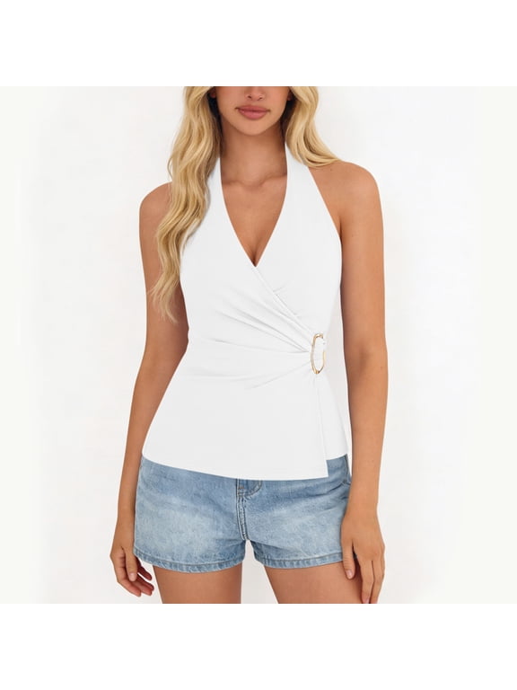 Women's Halter Tank Tops, Flattering Wrap Front Design with Metallic Ring Detail, Sleeveless V-Neck Stretch Fabric Top, Casual Summer Party Vacation Shirt.
