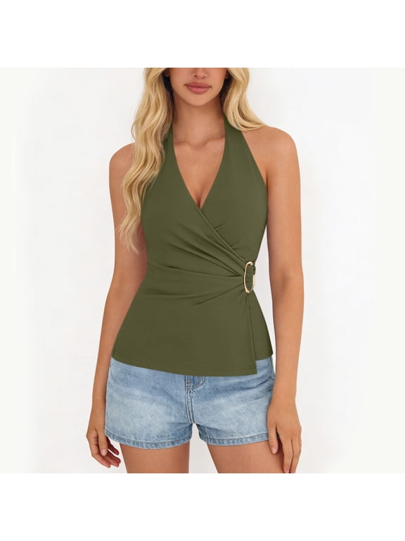 Women's Halter Tank Tops, Flattering Wrap Front Design with Metallic Ring Detail, Sleeveless V-Neck Stretch Fabric Top, Casual Summer Party Vacation Shirt.