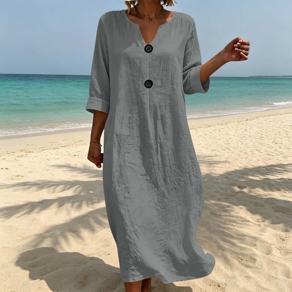 HBYJLZYG Women's Linen Look Midi Dress, V-Neck 3/4 Sleeve with Button Detail and Relaxed Fit, Casual Summer Vacation Resort Wear for Women
