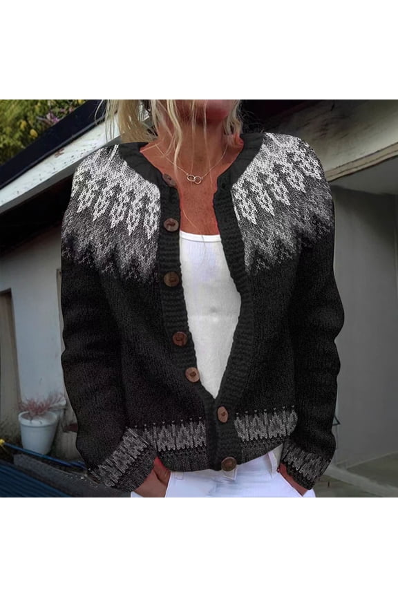 Women's Nordic Knit Cardigan, Fair Isle Jacquard Pattern Button Down Sweater, Vintage Long Sleeve Casual Cardigan for Women