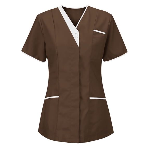 HBYJLZYG Women's Nurse Uniform Scrub Top, V-Neck Contrast Trim Medical Work Wear with Pockets, Short Sleeve Healthcare Top for Women