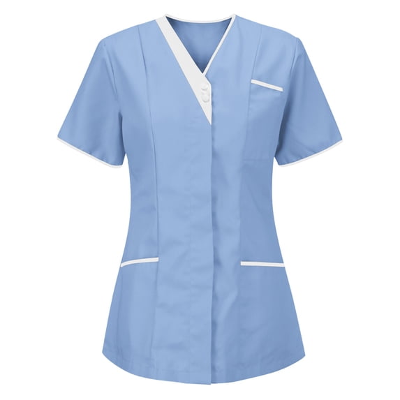 HBYJLZYG Women's Nurse Uniform Scrub Top, V-Neck Contrast Trim Medical Work Wear with Pockets, Short Sleeve Healthcare Top for Women
