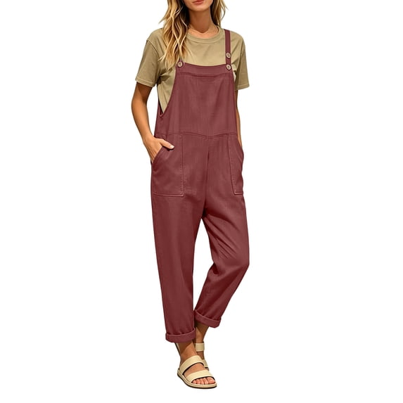 HBYJLZYG Women's Overalls Rompers with Four Patch Pockets and Adjustable Button Straps, Relaxed Fit Cotton Linen Blend Casual Summer Vacation Everyday Wear for Women