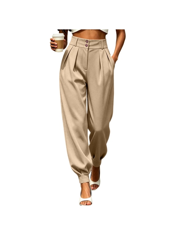 Women's Pants High Waist with Double Pleated Front and Tapered Cuffed Hem, Solid Color Versatile Trousers for Business Casual Commute and Daily Travel Wear