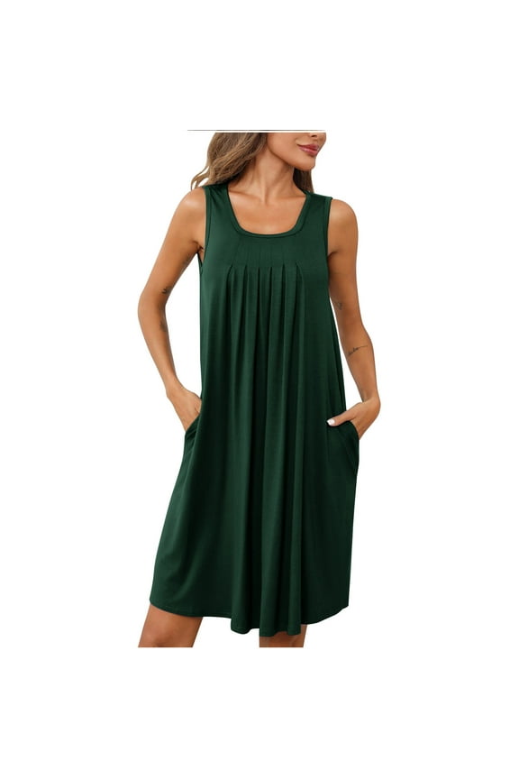 Women's Plus Size Nightgowns With Pockets, Solid Tank Sleep Shirts Pleated Sleeveless Sleepwear Soft Chemise Nightdress