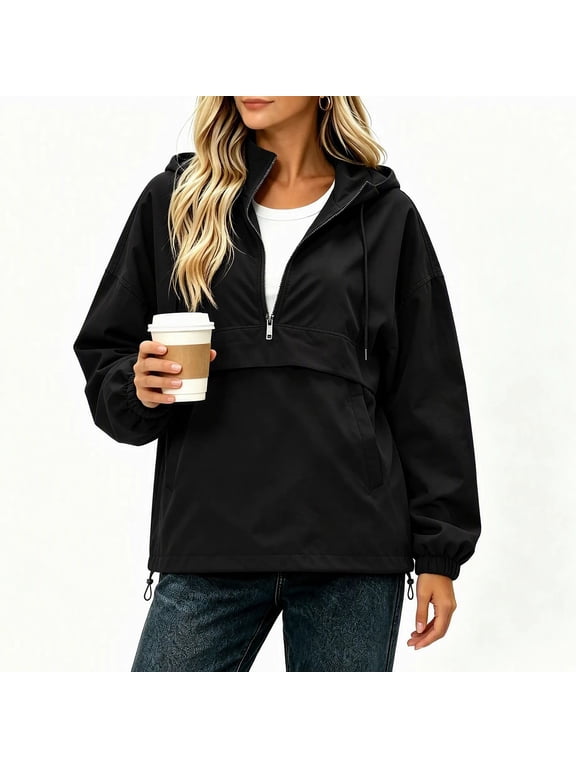 Women's Quarter Zip Jacket, Hooded Lightweight Windbreaker with Pockets and Drawstring Hem, Waterproof Casual Jacket for Fall Winter Outdoor