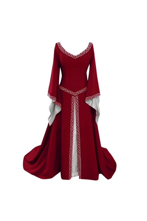 Women's Renaissance Medieval Dress Trumpet Long Sleeve Gothic Retro Gown Floor Length Maxi Dresses