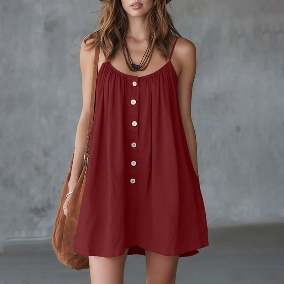 HBYJLZYG Women's Sleeveless Summer Mini Dress, Button-Front with Gathered Neckline, Relaxed Flowy Fit with Side Pockets, Casual Vacation Beachwear, Cotton Linen Blend