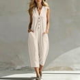 thumbnail image 1 of HBYJLZYG Women's Sleeveless V-Neck Button Front Jumpsuit with Relaxed Straight Leg and Front Patch Pockets, Crafted from a Breathable Cotton-Linen Blend for Effortless Summer Style, 1 of 6