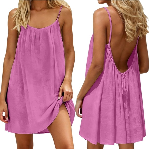 HBYJLZYG Women's Spaghetti Strap Backless Mini Dress, Loose Fit Swing Style, Solid Color Casual Summer Vacation Wear for Daily Outings and Beach Trips