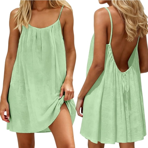 HBYJLZYG Women's Spaghetti Strap Backless Mini Dress, Loose Fit Swing Style, Solid Color Casual Summer Vacation Wear for Daily Outings and Beach Trips