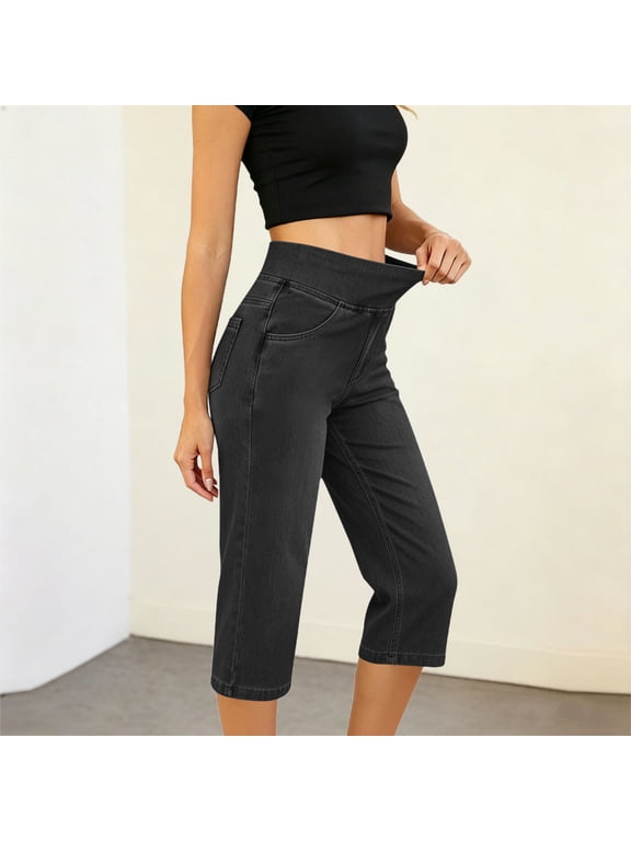 Women's Stretch Capri Pants, High Rise Pull-On Denim Jeans, Plus Size Cropped Trousers with Pockets, Summer Casual Wear