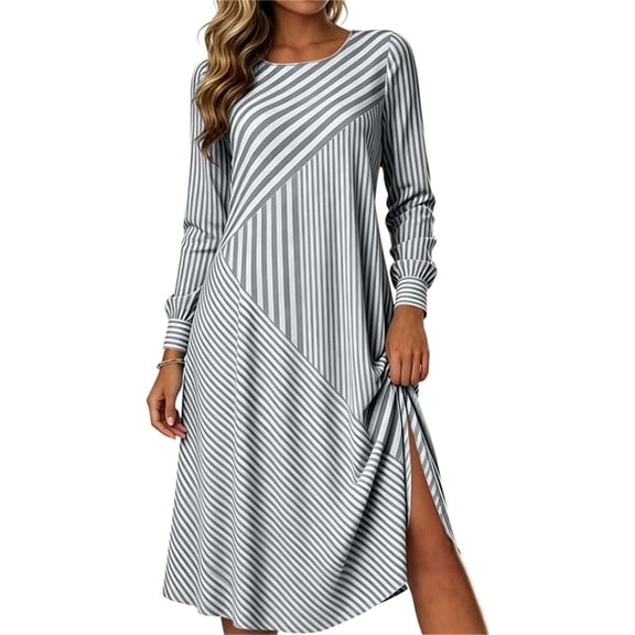 HBYJLZYG Women's Striped Midi Dress, Long Sleeve Crew Neck A-Line Dress with Side Slit, Loose Fit Casual Dress for Fall Winter Daily Wear