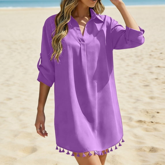 HBYJLZYG Women's Summer Beach Cover Up Dress, V-Neck Pleated Front 3/4 Roll-Up Sleeve with Tassel Trim Hem, Loose Flowy Bikini Tunic for Vacation Resort Wear