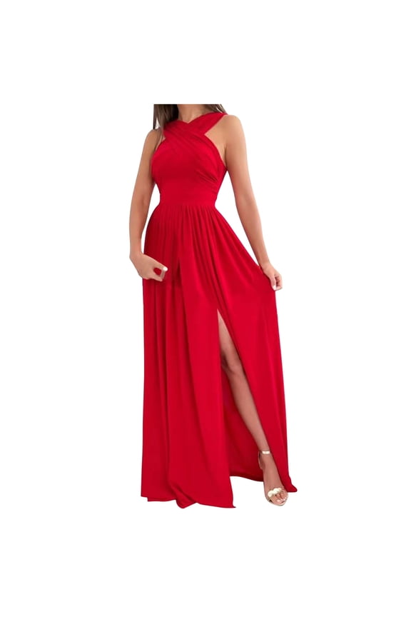 Women's Summer Halter Maxi Dresses Sleeveless Backless Hem Split Dresses Party Dress Flowy Wedding Dress
