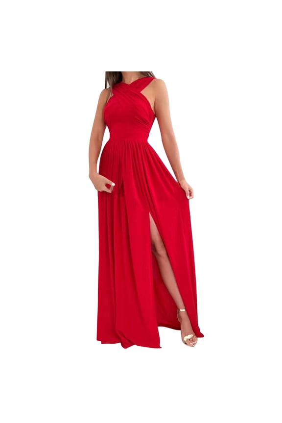 Women's Summer Halter Maxi Dresses Sleeveless Backless Hem Split Dresses Party Dress Flowy Wedding Dress