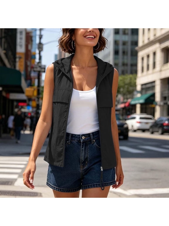 Women's Summer Hooded Vest, Lightweight Quick Dry Full Zip Sleeveless Utility Top with Front Pockets, Casual Outdoor Hiking Running Travel Activewear Layering Piece