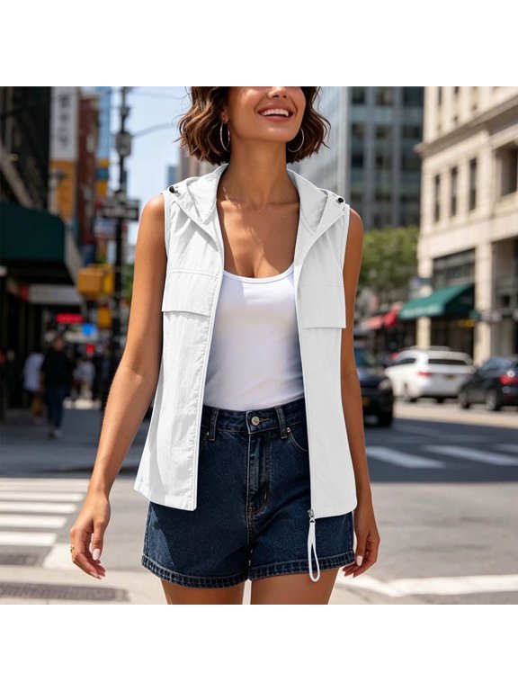 Women's Summer Hooded Vest, Lightweight Quick Dry Full Zip Sleeveless Utility Top with Front Pockets, Casual Outdoor Hiking Running Travel Activewear Layering Piece