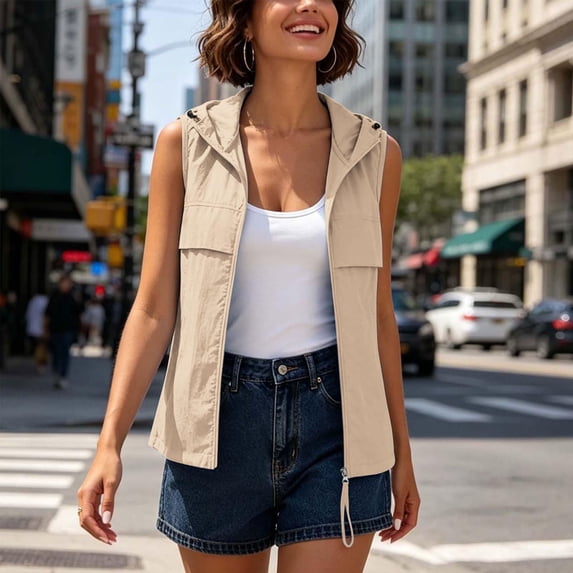 HBYJLZYG Women's Summer Hooded Vest, Lightweight Quick Dry Full Zip Sleeveless Utility Top with Front Pockets, Casual Outdoor Hiking Running Travel Activewear Layering Piece