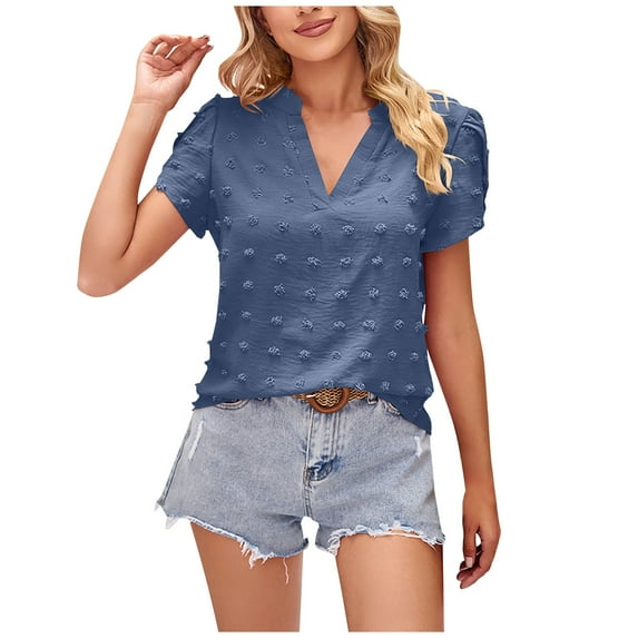 HBYJLZYG Women's Summer Short Sleeve Casual Tops Loose V Neck Dot Pom Pom Shirts, Chiffon Tops For Women 2024