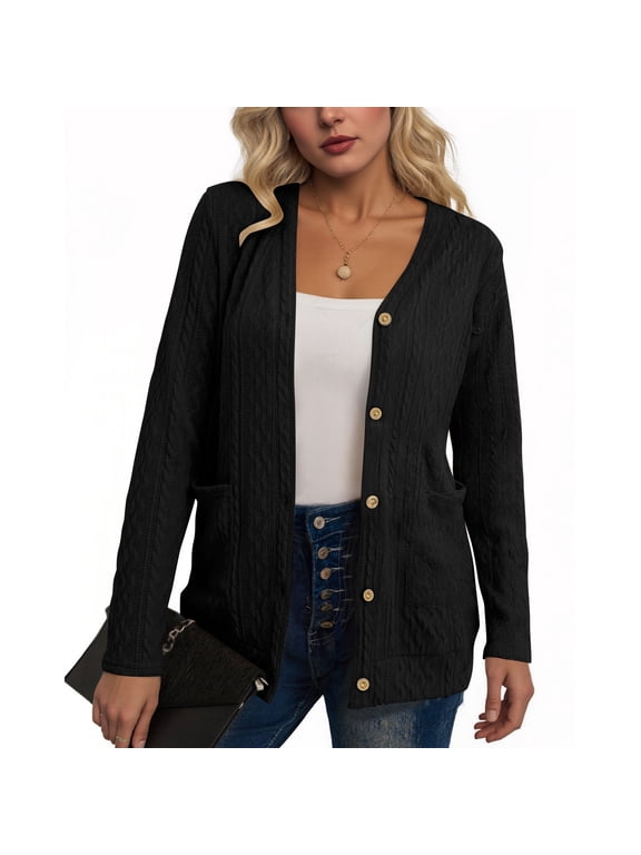 Women's Sweaters, Jacquard Knit Button-Front Design with Two Front Patch Pockets, Long Sleeve V-Neck Cardigan, Lightweight Casual Outerwear Top for Spring and Fall