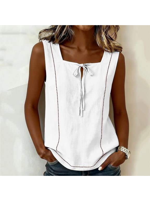Women's U-Neck Tie-Front Sleeveless Top with Contrast Stitching, Relaxed Fit Casual Summer Blouse for Vacation and Everyday Wear