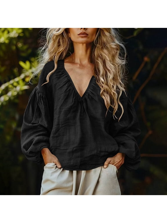 Women's V-Neck Bishop Sleeve Blouse with Gathered Shoulder Detail and Elastic Cuffs, Relaxed Fit Cotton Linen Long Sleeve Top, Solid Color Versatile Casual Style
