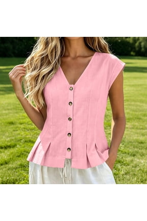 Women's V-Neck Button-Down Sleeveless Top with Flutter Cap Sleeves and Pleated Peplum Hem, Relaxed Fit Cotton Linen Blend Solid Color Casual Blouse