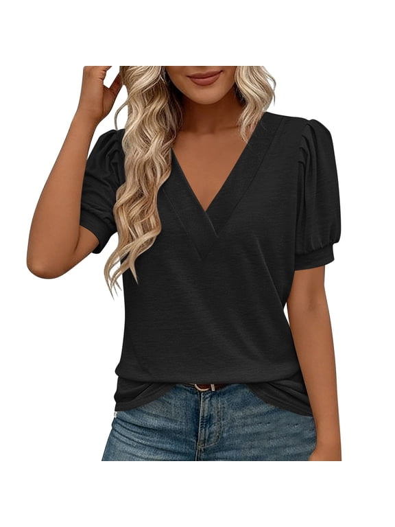 Women's V-Neck Puff Sleeve T-Shirt, Relaxed Fit Casual Summer Top with Soft Stretch Fabric, Solid Color Versatile Blouse for Vacation and Everyday Wardrobe