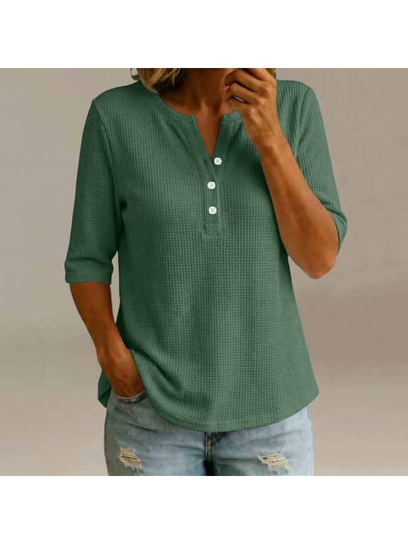 Women's Waffle Knit Henley Top, V-Neck with Button Placket and 3/4 Sleeve, Relaxed Fit Casual Summer Vacation Wear for Women