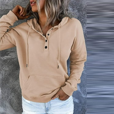 HBYJLZYG Womens Hooded Button Collar Drawstring Hoodies,Women'S Hooded Solid Color Long-Sleeved Sweatshirt Casual Blouse Pullover Tops