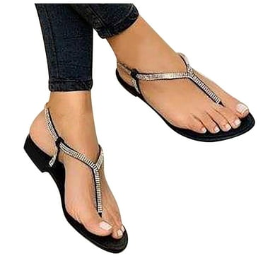 EQWLJWE Land Womens T Strap Sandals Fashion Rhinestone Flat Sandal with ...