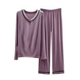 thumbnail image 1 of HBYJLZYG Womne's Pajama Set Super-Soft Long Sleeve Top With Pants, Solid V Neck Shirts Wide Leg Loungewear Set(Available In Plus Size), 1 of 3